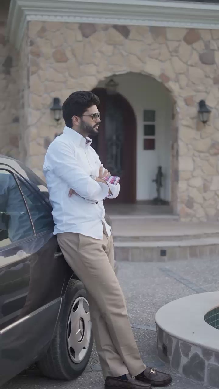 A man walking in style wearing Luxento White Preimum Shirt

